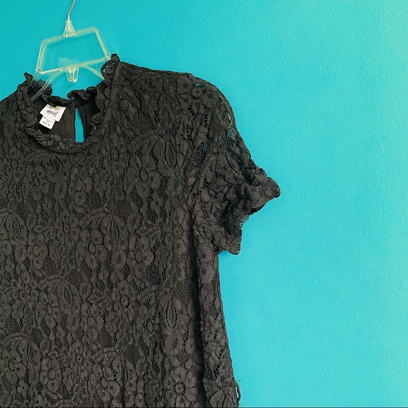 Short Sleeve Black Dress With Floral Lace Overlay - Picture 7 of 7